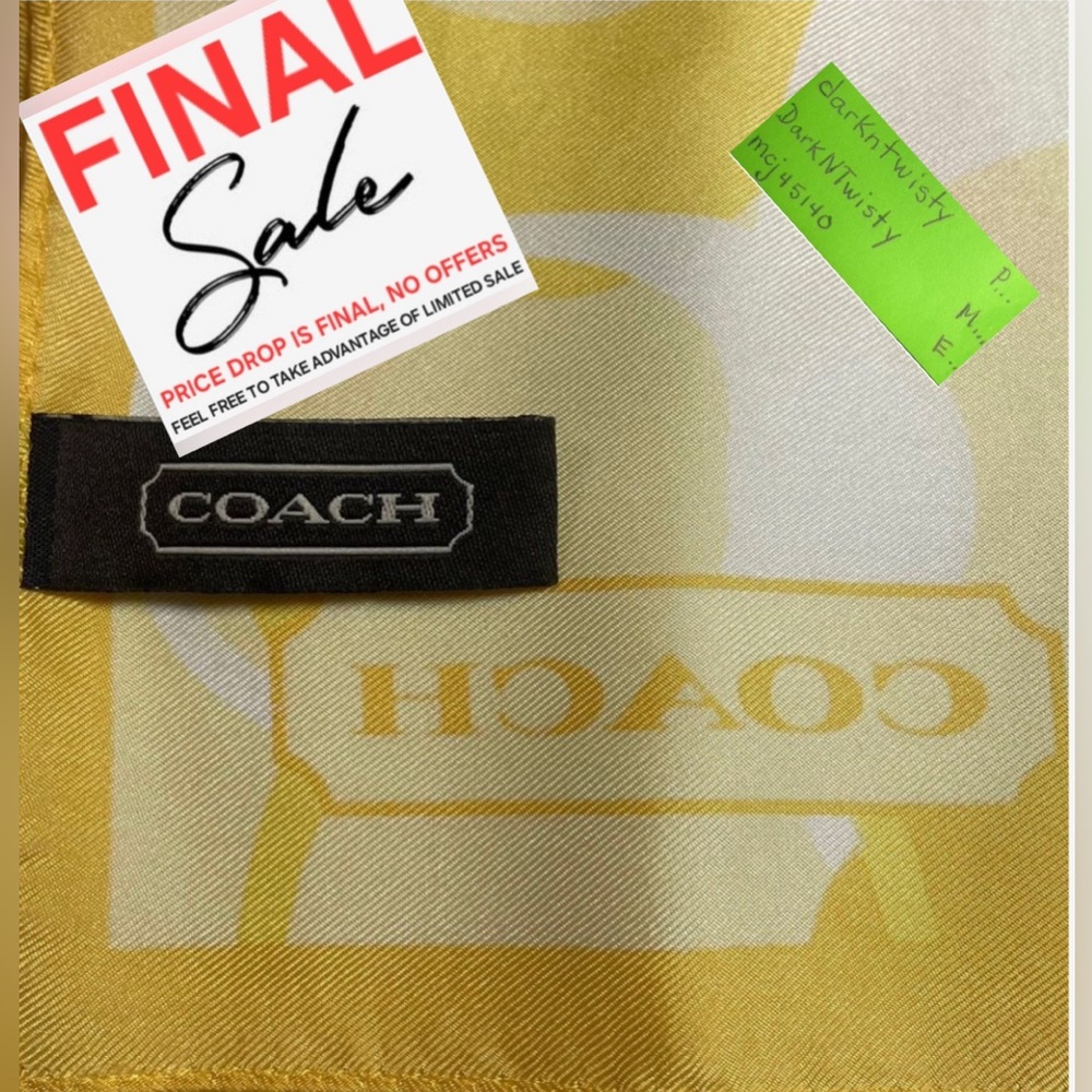 NWOT Coach 100% silk scarf beautiful bright yellow Cute BowTied to Purse handle